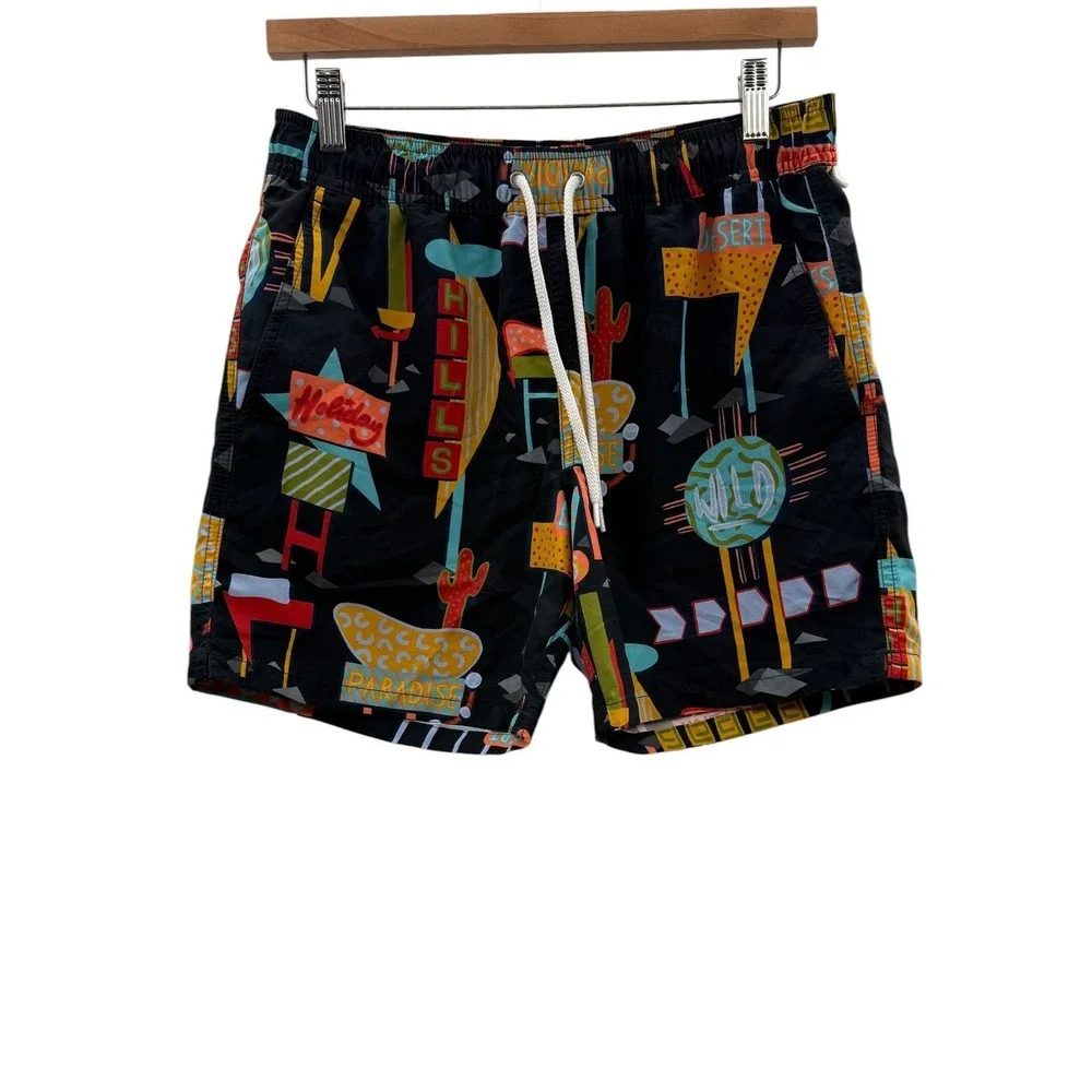 J.Crew Mens Swim Trunks Small Black Retro Neon Sign Print 6